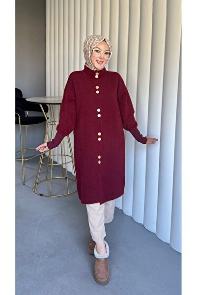 Homay Women's Comfortable Fit Button Detailed Long Angora Fabric Coat Cardigan