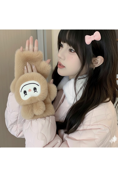 synshop Labubu Winter Snow Gloves Plush Luxury Soft Buttoned Cover Fingerless...