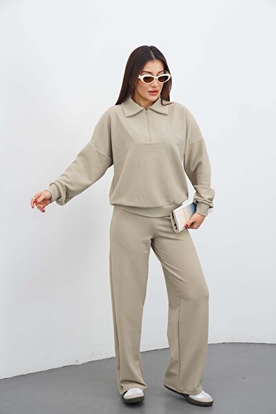 DI LORIA Kadın Bej Renk Oversize Fermuarlı Sweatshirt Pantolon Şort 3'lü Eşof...