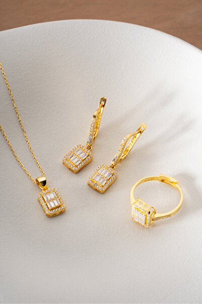 Silvano Jewelry 925 Ayar Gümüş Altın Kaplama Yüzük Küpe Kolye Baget Set
