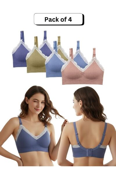 Comfort Women’s Lace Trim Bra Pack of 4 – Multicolor Wire-Free Bras, Breathab...