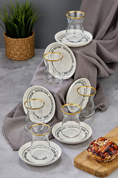 ers erbaşlar Good Mood, Good Life Gold Decorated 12 Piece 6 Person Tea Cup, T...