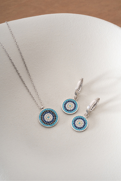 Silvano Jewelry 925 Ayar Gümüş Rodyum Kaplama Nazarlı Küpe Kolye Set