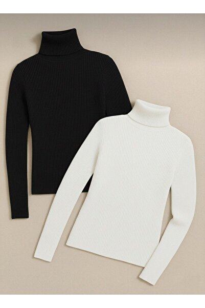 VALERO Women's Black and White 2-Pack Corded Fabric Turtleneck Cotton Turtlen...