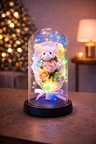 hediyeconcepti Cam Fanus İçinde Renkli LED Işıklı Çiçek & Ayıcık – Dekoratif ...