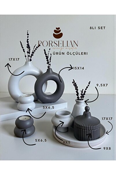 Porselian Σετ 8 μεγάλων διακοσμητικών σκευών από μπετόν - Μοντέρνο βάζο δαχτυ...