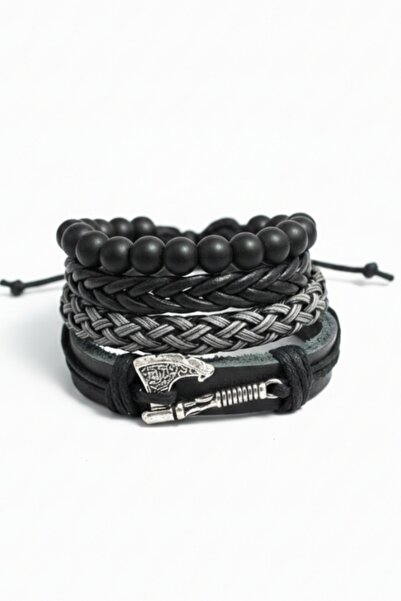 BSN Store 4-Piece Real Leather Bracelet Axe Design Genuine Leather Bracelet F...