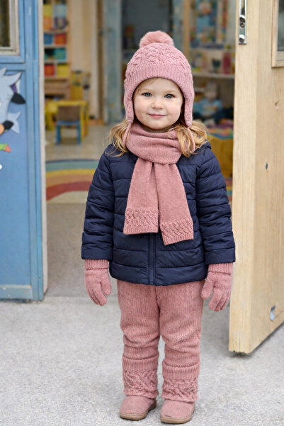 Monkabox 4-8 Years Old Girl's Dark Pink Scarf Beanie Gloves Set with Fleece I...