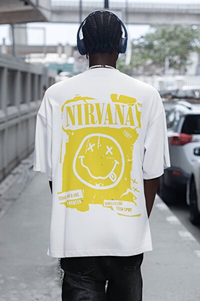 SEVBANO تي شيرت بتصميم نيرفانا روك ميتال مطبوع للجنسين قصة فضفاضة تي شيرت لفر...