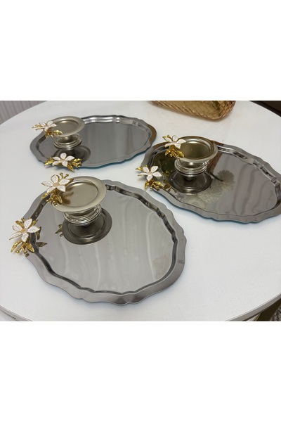 SEVA ÇELİK Two Models, 3 Pieces of Oval Trays with Lily Accessories and a Tur...