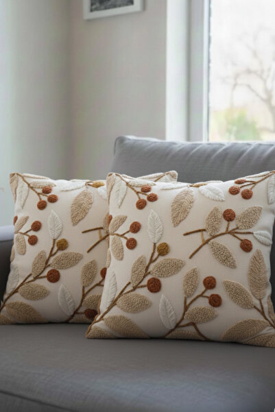 Ahsen Dekoratif Punch Nakış Desen DİJİTAL Baskılı Krem Çiçek Temalı 2li Kırle...