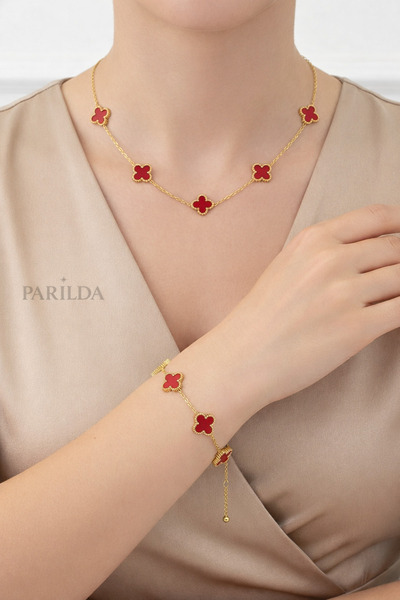 Parılda Yonca Model Kadın (Kolye & Bileklik) Seti - 316L Paslanmaz Çelik