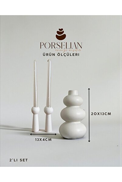 Porselian 2'li Set Dekoratif Balon Vazo ve Modern Şamdan - Beton Kütüphane ve...