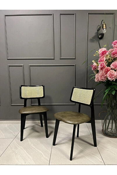 Zion Ahşap Hazeranlı Deri Sandalye, Doğal Hasır, 2 Adet Salon/ Mutfak/cafe/ofis