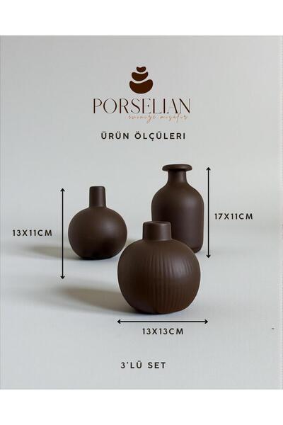 Porselian 3'lü Set Dekoratif Beton Vazo - Modern Antik Formlu Kütüphane ve Ma...