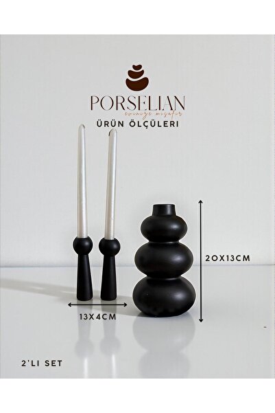 Porselian 2'li Set Dekoratif Balon Vazo ve Modern Şamdan - Beton Kütüphane ve...