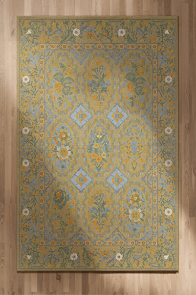 Arteluna Home Floris 233 Sarı Turuncu Yeşil Çiçekli Bordürlü Eskitme Desenli ...