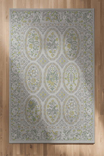 Arteluna Home Floris 236 Gri Yeşil Çiçekli Bordürlü Eskitme Desenli Dokuma Şö...