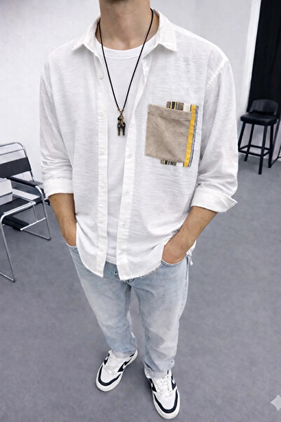 FıttingRoom Oversize Bohemian Cotton Linen White Shirt