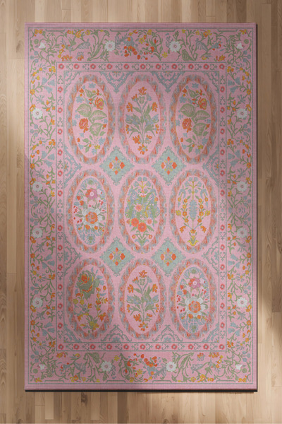 Arteluna Home Floris 231 Pembe Yeşil Çiçekli Bordürlü Eskitme Desenli Dokuma ...