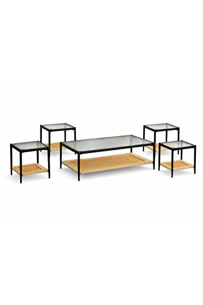Generic Elegant 5-piece glass service table set with black metal frames and r...