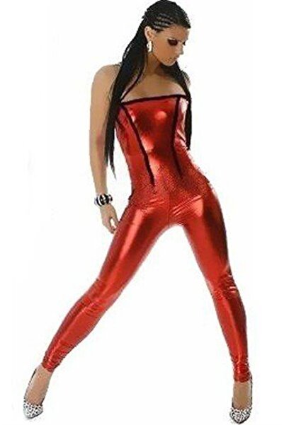 Hafif Giyim Fantezi Seksi Deri Görünümlü Omuzu Açık Tulum Tayt TSec031049HF