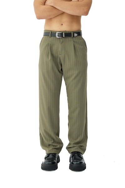 hitup Thick Buttoned Striped Detail Baggy Fit Fabric Trousers