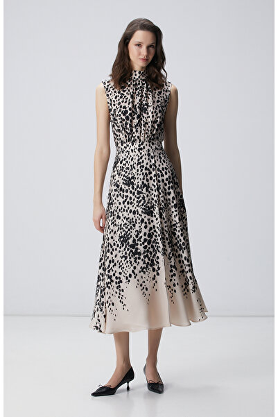 Network Bej Siyah Desenli Midi Viskon Elbise