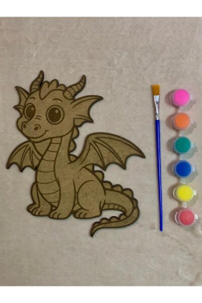 Atakron Ahşap Boyama Seti - Niloya, Ejderha Figürlü 6 Renk Boya ve Fırça Hediye