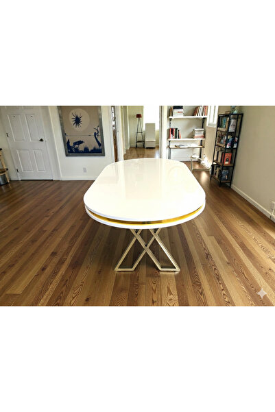 MSY HOME Beyaz Gold Detaylı Lake Panel 90*170 Cm Oval Masa