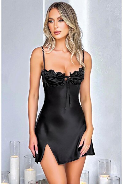 A normal Tekstil Yırtmaçlı İnce Askılı Dantel İşlemeli Siyah Mini Saten Gecelik