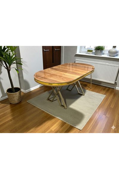 MSY HOME Ceviz Gold Detaylı Lake Panel 90*170 Cm Oval Masa