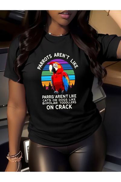 İSMTEXS Women's Sports Style Modern Parrot Print Detailed Short Sleeve T-Shirt