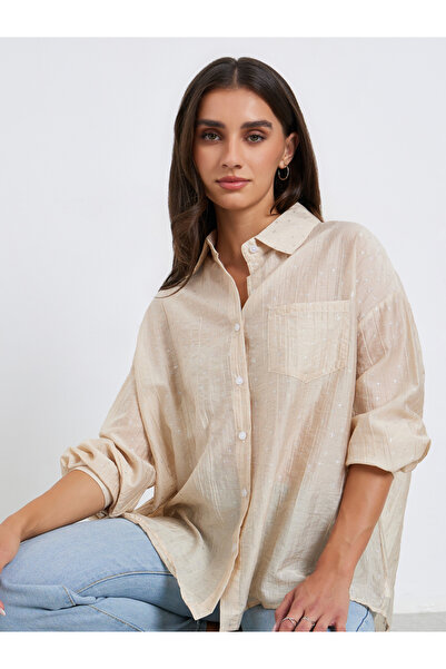 Styli Women Beige Long Sleeve Oversized Shirt