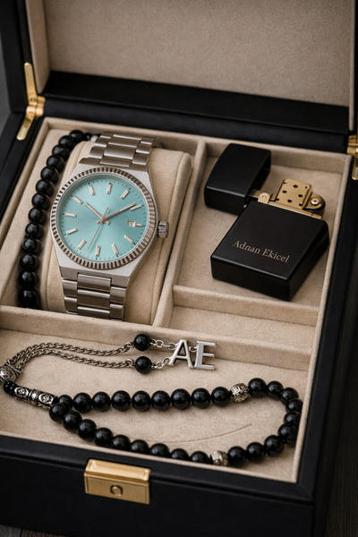 pierrose Premium Erkek Saat Seti Turkuaz Kadranlı Çelik Saat Kişiye Özel İsim...