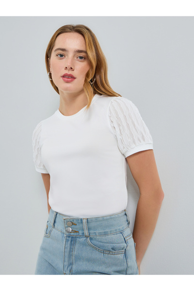 Take Two By Styli Women Solid Lace Puff Sleeve Top