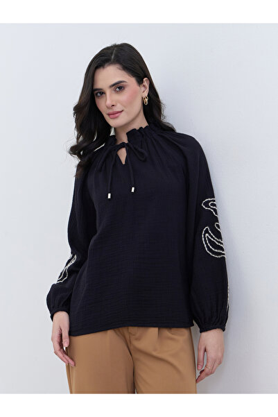 Styli Black Embroidered Long Sleeve Blouse