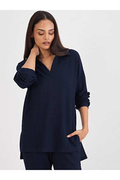 Femmella By Styli Women Navy Blue Long Sleeve Waffle Knit Top