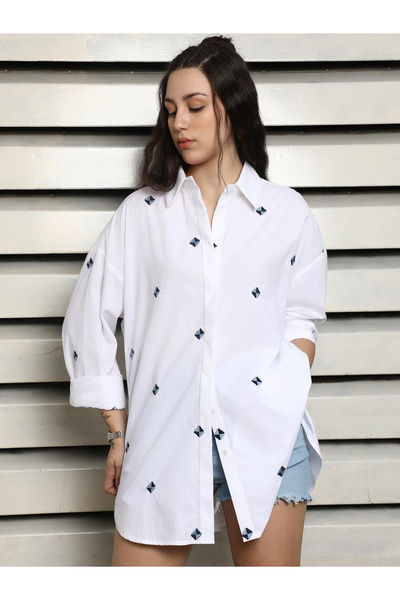 High Star By Styli Women White Embroidered Cotton Oversized Shirt