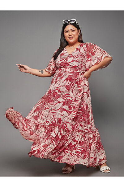 Miss Chase By Styli Plus Size Women Leaf Printed Maxi Dress