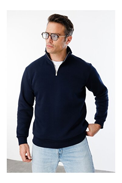 trender Hanorac pentru bărbați, cu jumătate de fermoar, cu 3 șnururi, albastr...