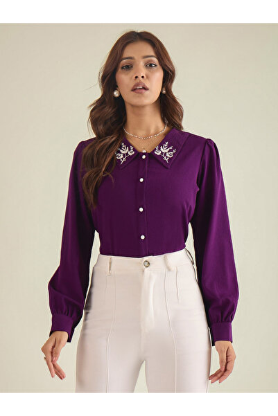 WineRed By Styli Women Purple Embroidered Collared Shirt