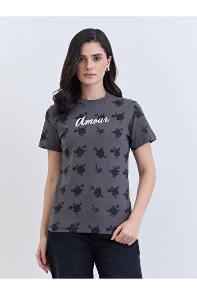 Styli Women Charcoal Floral Graphic 100% Cotton T-Shirt
