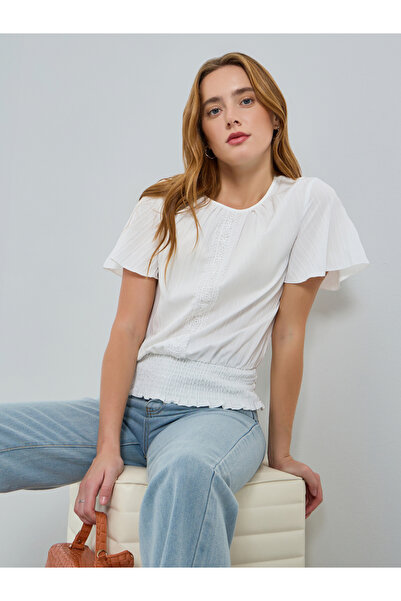 Take Two By Styli Women White Textured Short Sleeve Top