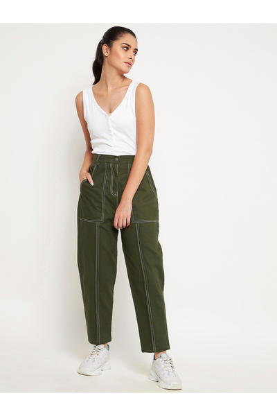 WineRed By Styli Women Olive Green Contrast Stitch Trousers