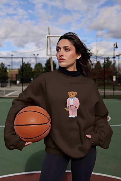 The Champ Clothing Women's Oversized Sweatshirt Pink Suit Bear Printed Brown ...