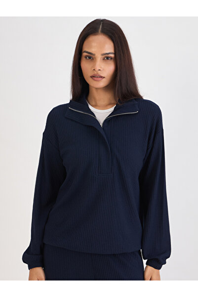 Femmella By Styli Women Navy Waffle Knit Long Sleeve Top