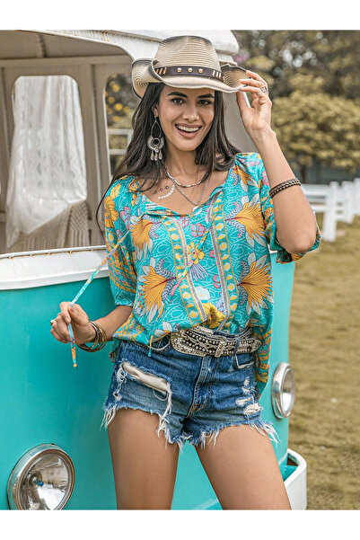 Take Two By Styli Women's Floral Printed Tie-Up Neck 3/4 Sleeve Top