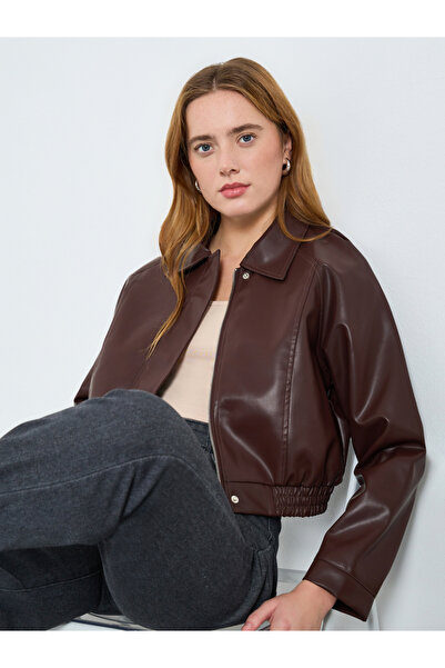 Take Two By Styli Women Brown Faux Leather Cropped Jacket