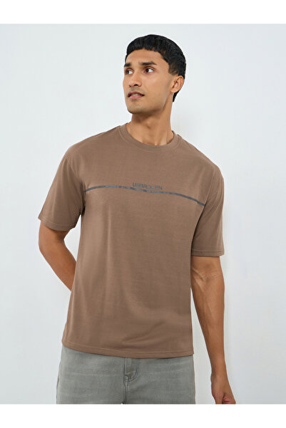 Styli Men Brown Slogan Print Oversized T-Shirt